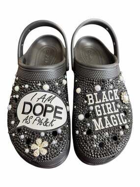 Custom Blinged Out Black Girl Magic & I Am Dope Crocs Women's Size 11